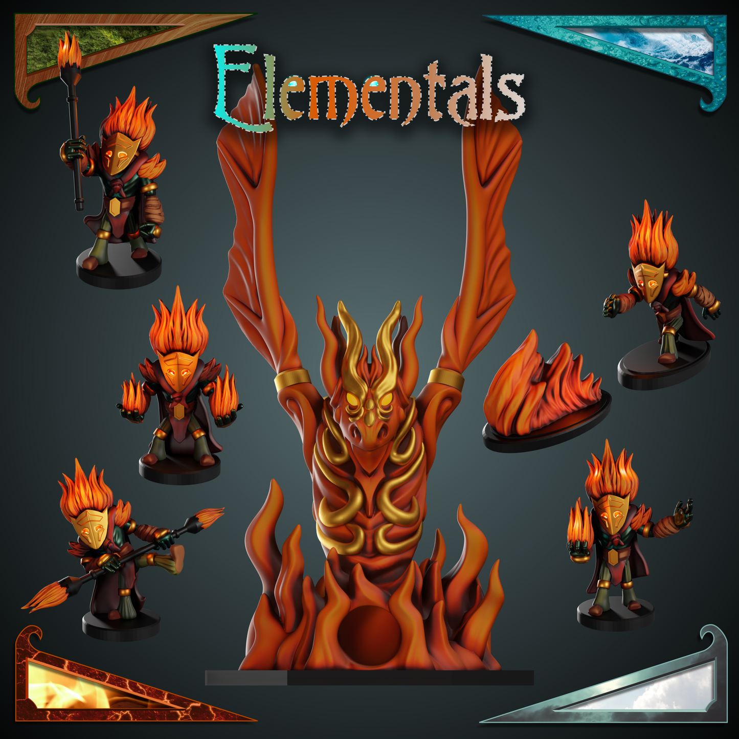 fire elemental dice tower, tabletop games, miniatures for 3d printing