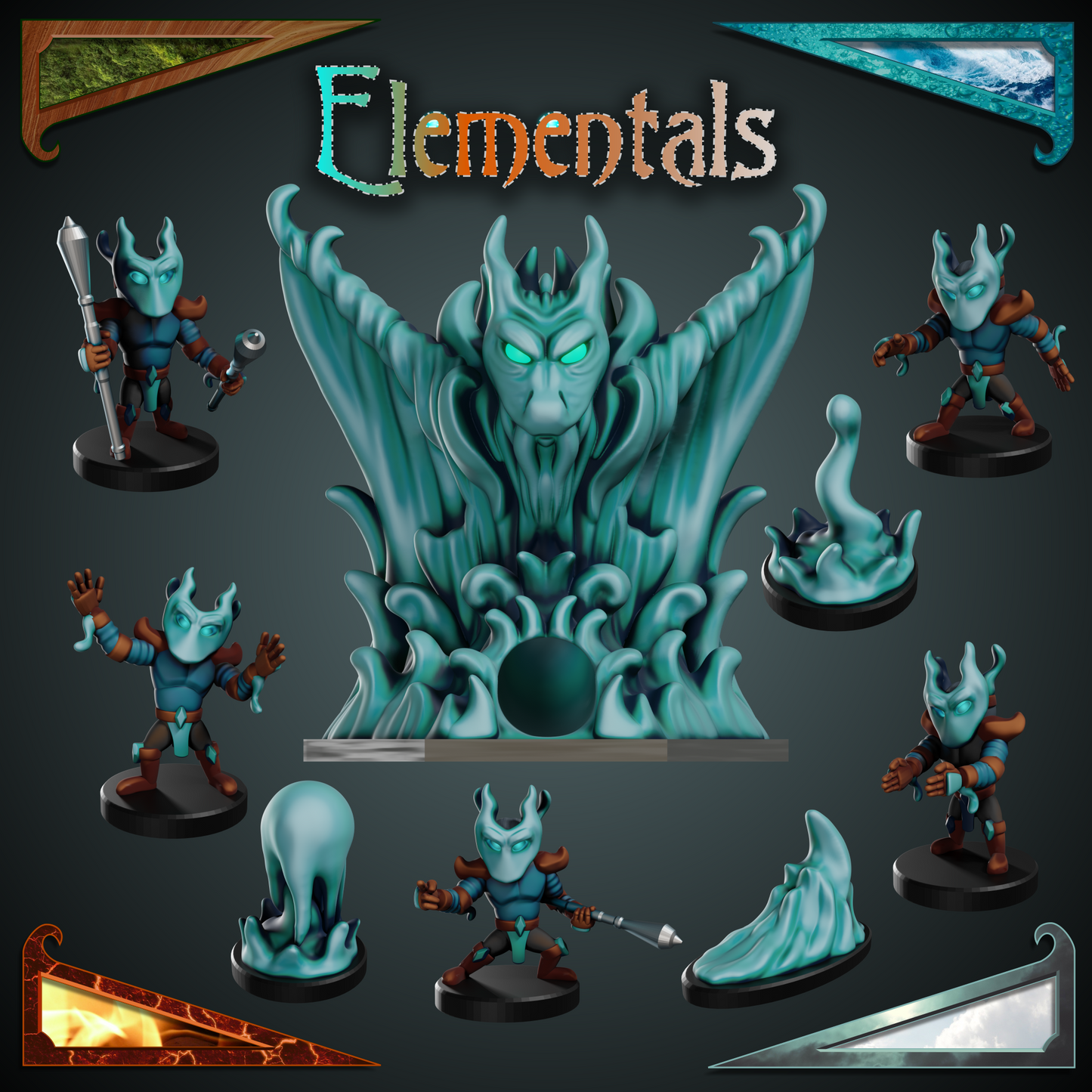water elemental dice tower and accessories for tabletop games, 3d printables