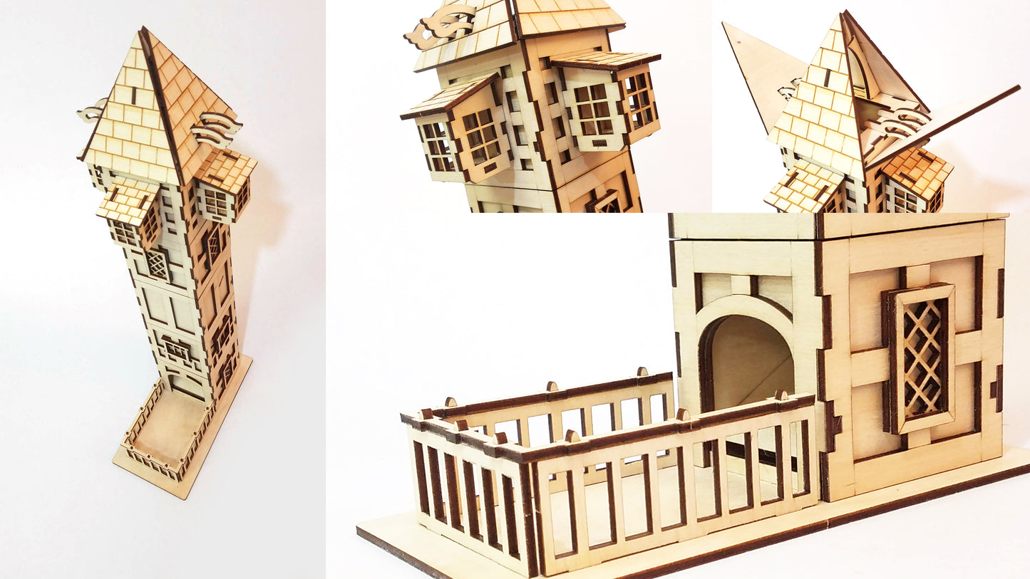 Laser Cut Tudor dice tower close up images