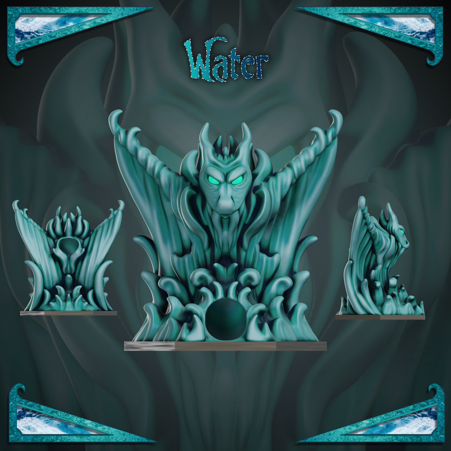 Water Elemental - Dice Tower, Tray, Mini, + bonus Player Tile - 3D print files