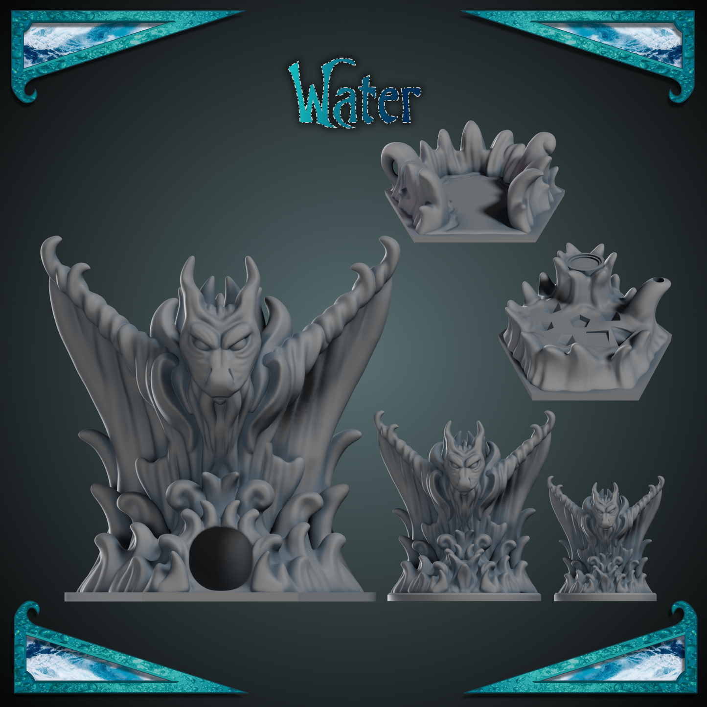 Water Elemental - Dice Tower, Tray, Mini, + bonus Player Tile - 3D print files